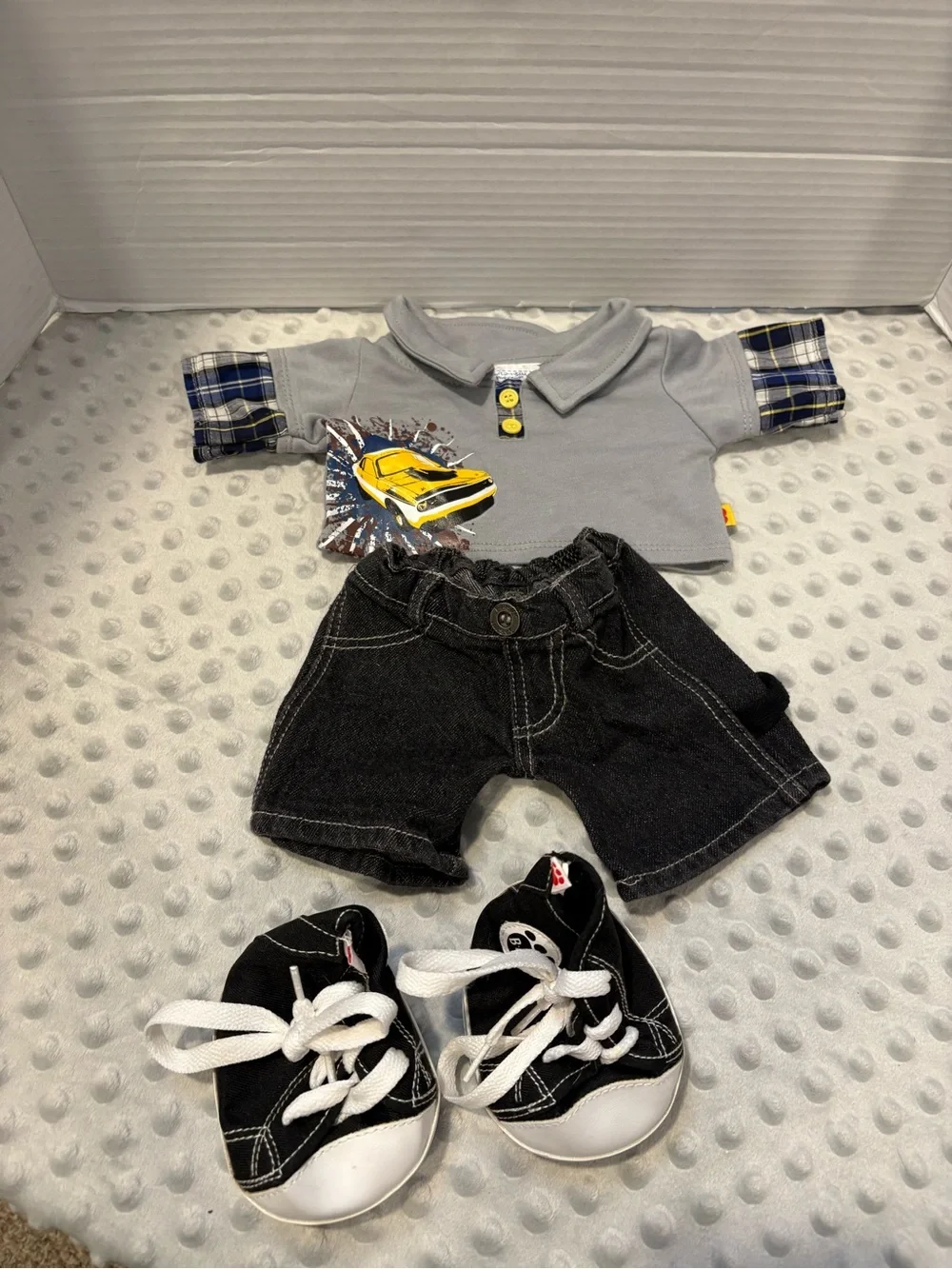 Build-A-Bear Gray Polo Shirt with Yellow Car, Black Denim Shorts & Black Shoes